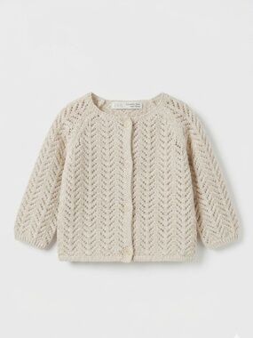 Zara Baby Knit Pointelle Cardigan Sweater | Oatmeal | 3-6M